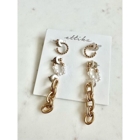 Ettika set of 3 gold color and faux pearl earrings - Picture 1 of 2